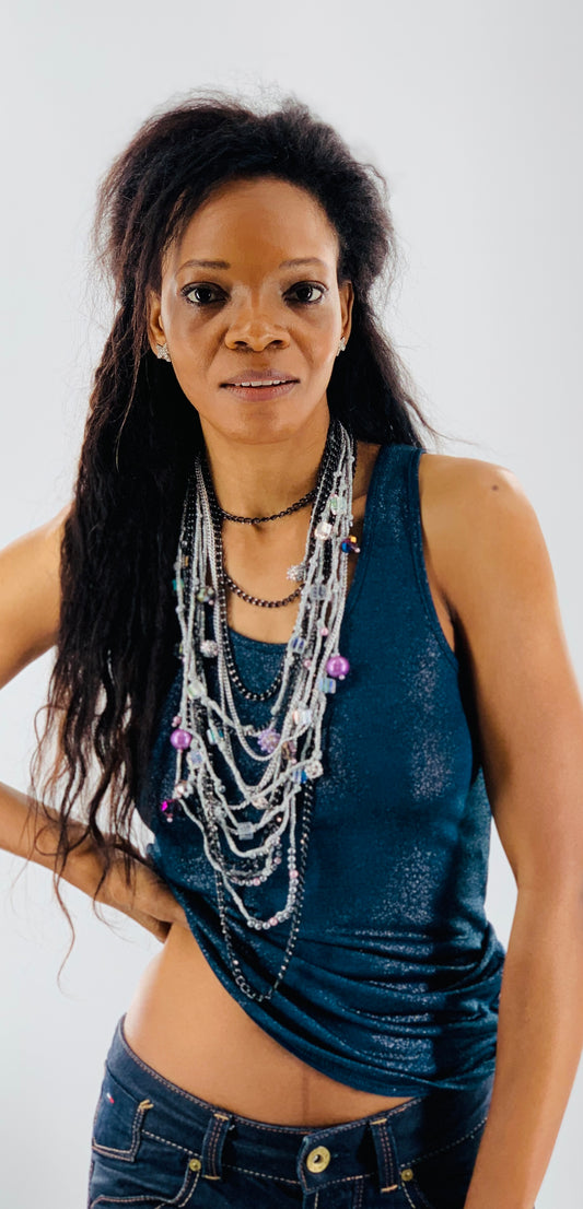 Silver Lake Nylon Layered Necklace with Gothıc Glass Beads