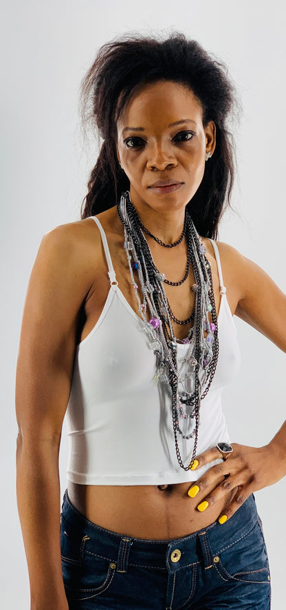 Silver Lake Nylon Layered Necklace with Gothıc Glass Beads