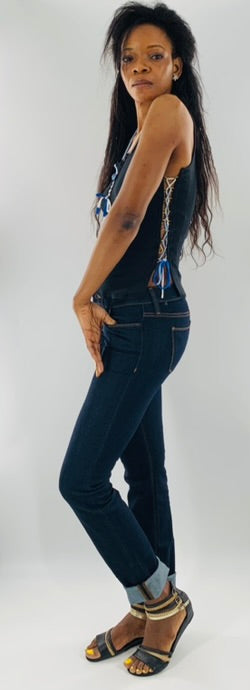 Crisscross Halter Tank Top with White & Blue Straps