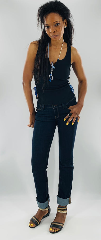 Crisscross Halter Tank Top with White & Blue Straps