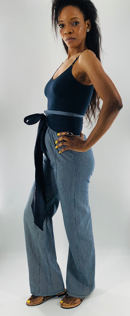 High-Waist Straight Leg  Striped Trousers w/t Wide Linen belt|