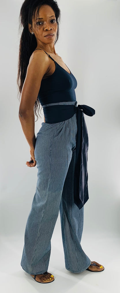 High-Waist Straight Leg  Striped Trousers w/t Wide Linen belt|