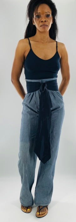 High-Waist Straight Leg  Striped Trousers w/t Wide Linen belt|