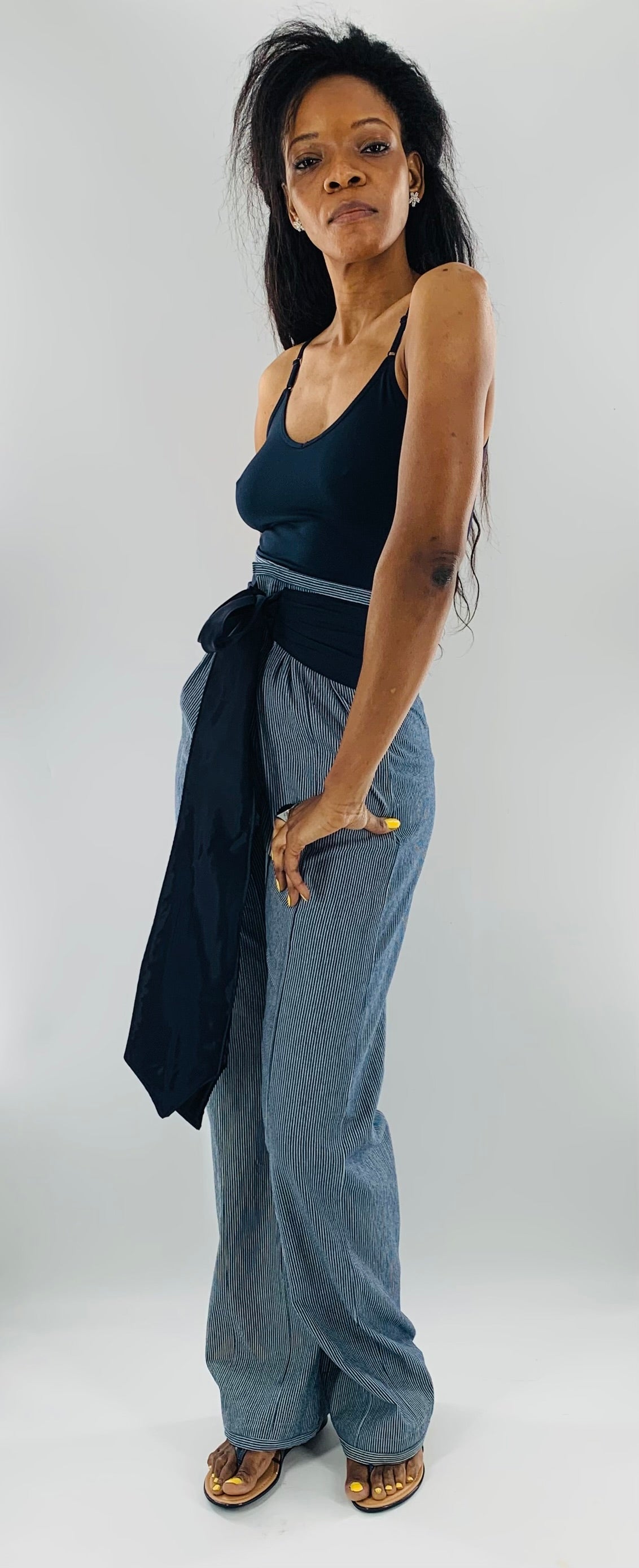 High-Waist Straight Leg  Striped Trousers w/t Wide Linen belt|