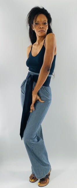 High-Waist Straight Leg  Striped Trousers w/t Wide Linen belt|