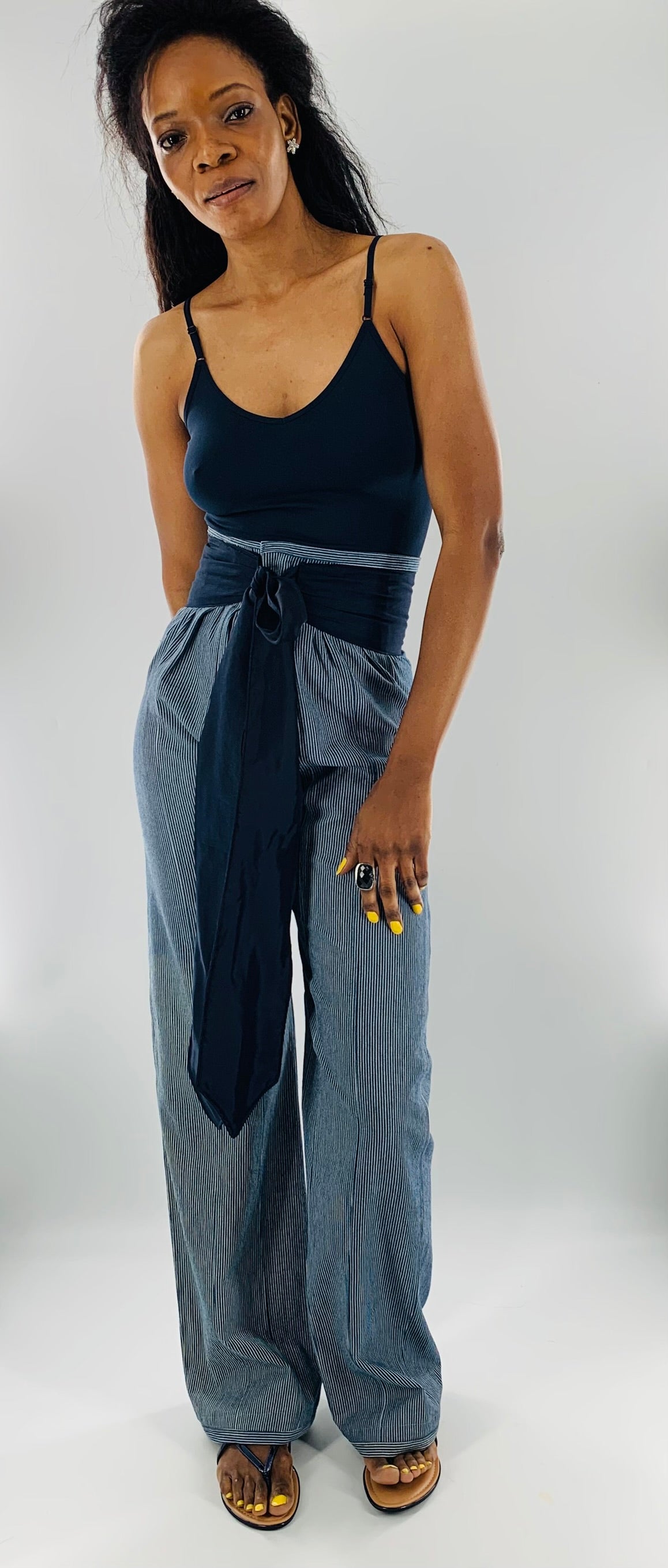 High-Waist Straight Leg  Striped Trousers w/t Wide Linen belt|