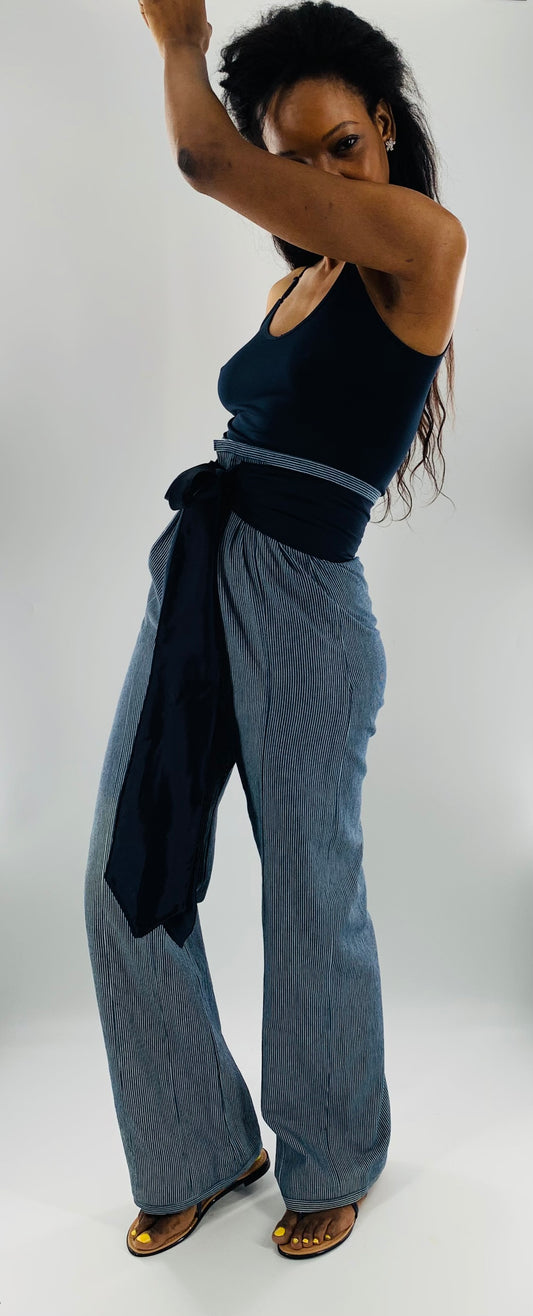 High-Waist Straight Leg  Striped Trousers w/t Wide Linen belt|