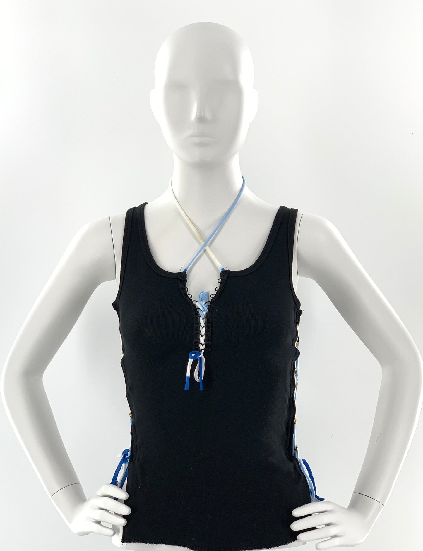 Crisscross Halter Tank Top with White & Blue Straps