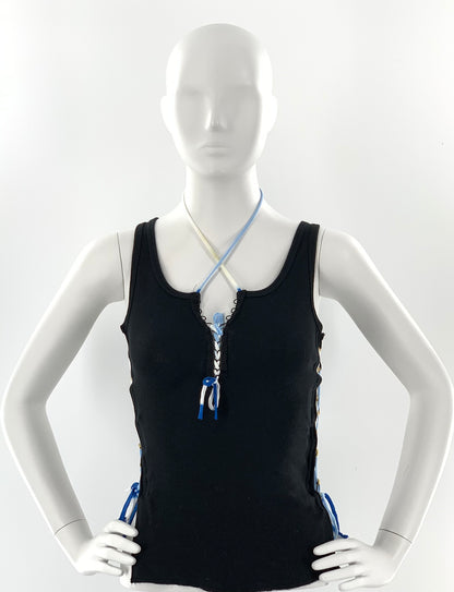 Crisscross Halter Tank Top with White & Blue Straps