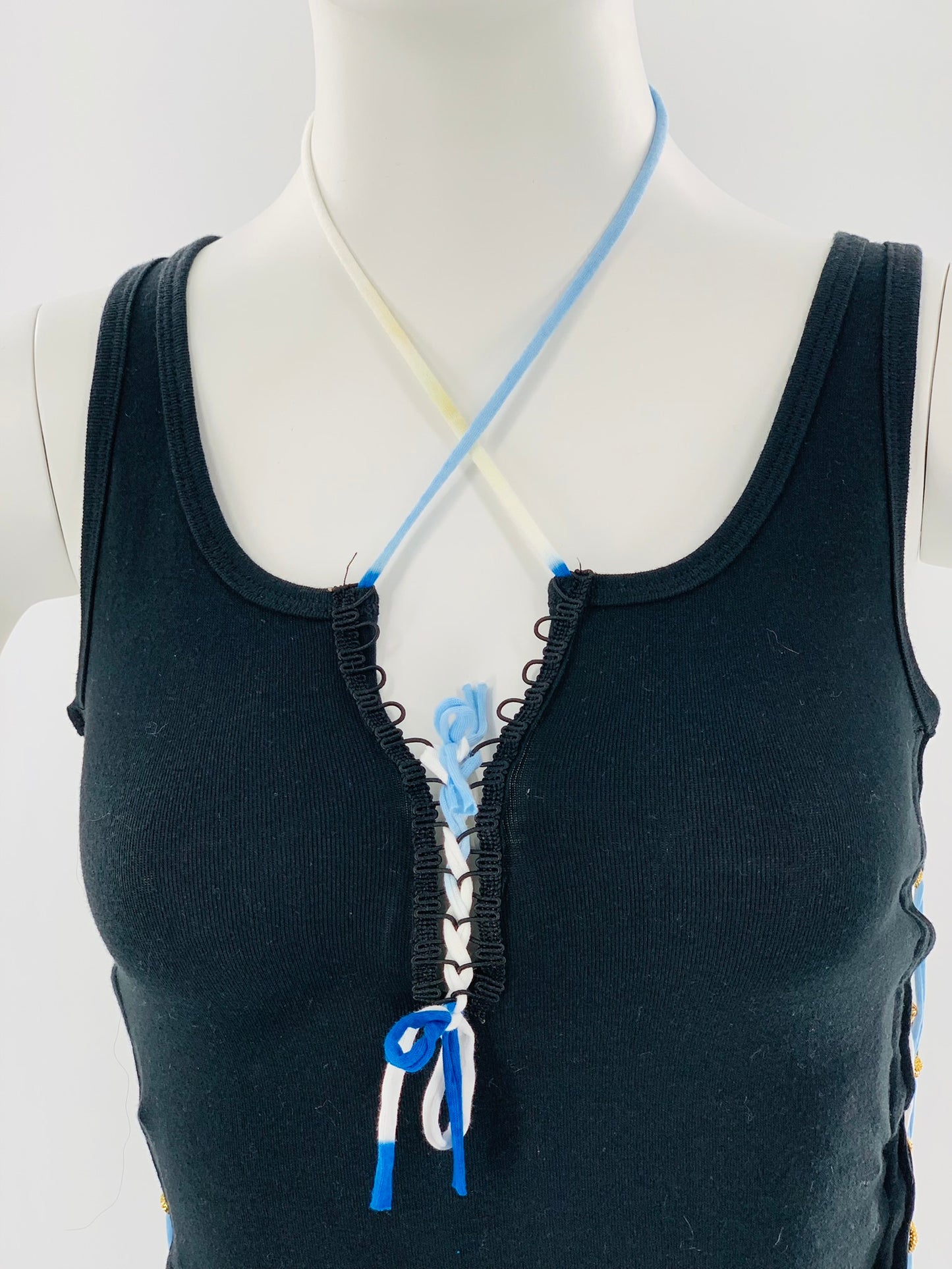Crisscross Halter Tank Top with White & Blue Straps