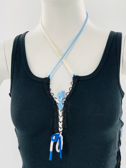 Crisscross Halter Tank Top with White & Blue Straps