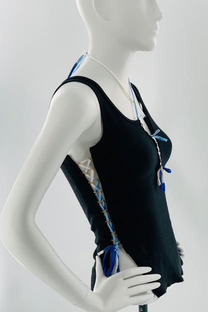 Crisscross Halter Tank Top with White & Blue Straps