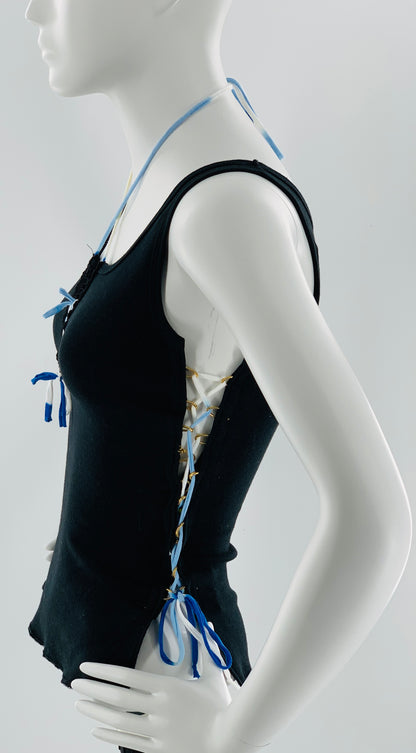 Crisscross Halter Tank Top with White & Blue Straps