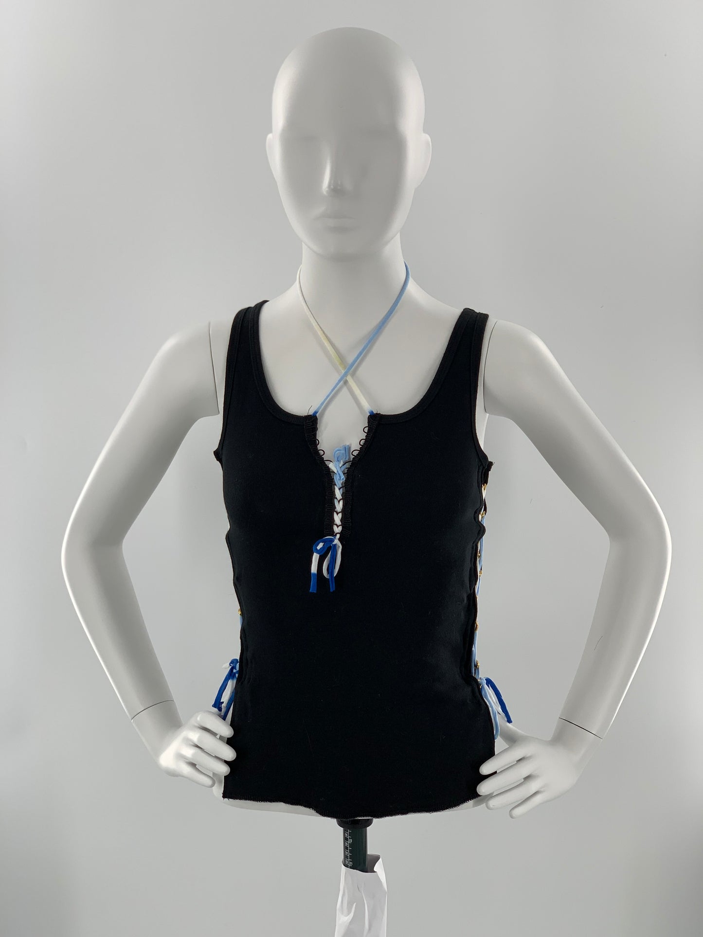 Crisscross Halter Tank Top with White & Blue Straps