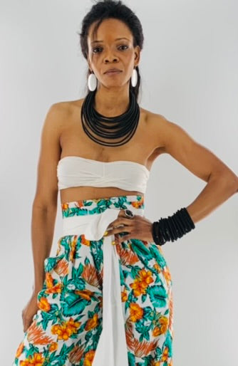 Belted High-Waist Wide Leg Floral Pants