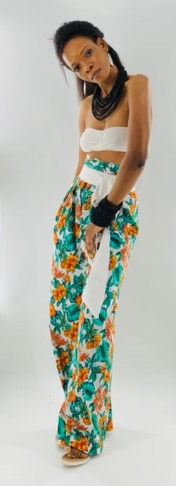 Belted High-Waist Wide Leg Floral Pants