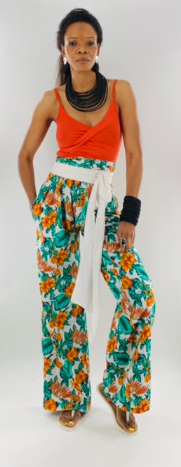 Belted High-Waist Wide Leg Floral Pants