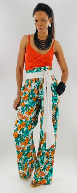 Belted High-Waist Wide Leg Floral Pants