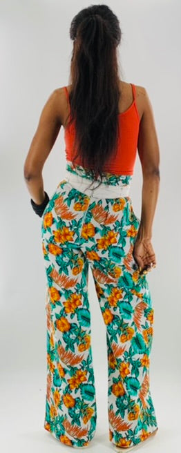 Belted High-Waist Wide Leg Floral Pants
