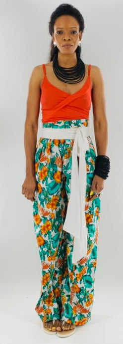 Belted High-Waist Wide Leg Floral Pants