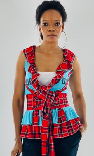 Irish Plaid Belted Blue Top