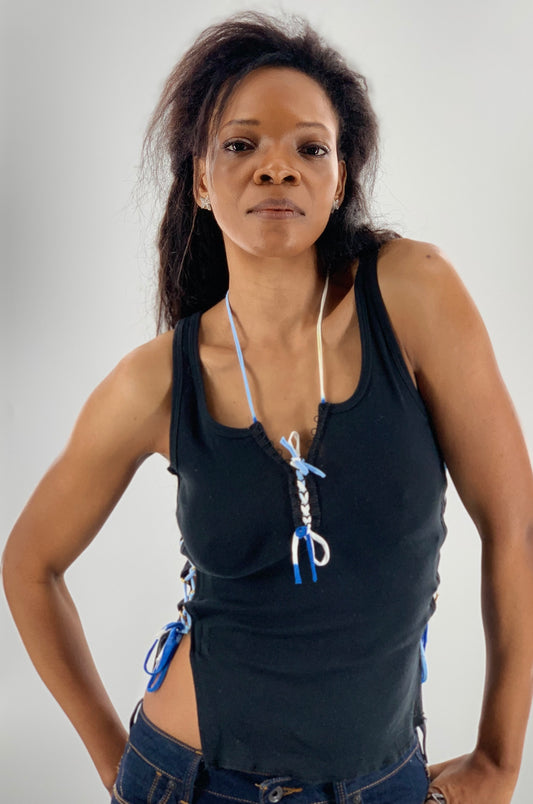 Crisscross Halter Tank Top with White & Blue Straps