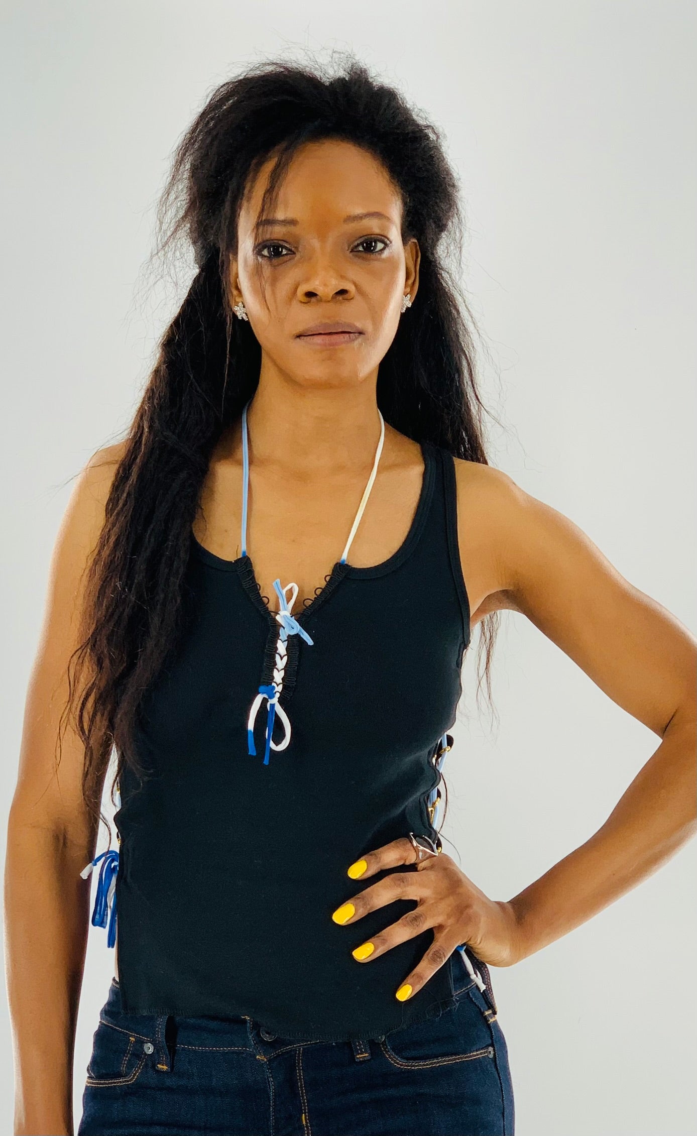 Crisscross Halter Tank Top with White & Blue Straps