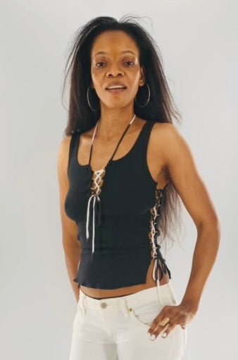 Crisscross Halter Tank Top with  Black & White Straps