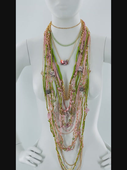 Green & Pink Layered Necklace With Gold, Brass and Nylon Chain and Specialty Glass Beads