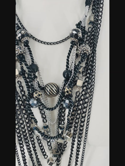 Rock-Chick Layered Necklace with Gothıc Glass Beads & Black Chains