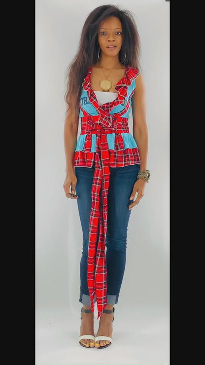 Irish Plaid Belted Blue Top