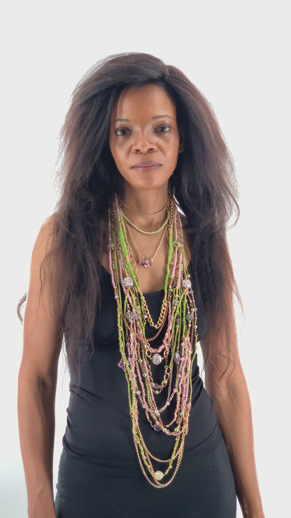 Green & Pink Layered Necklace With Gold, Brass and Nylon Chain and Specialty Glass Beads