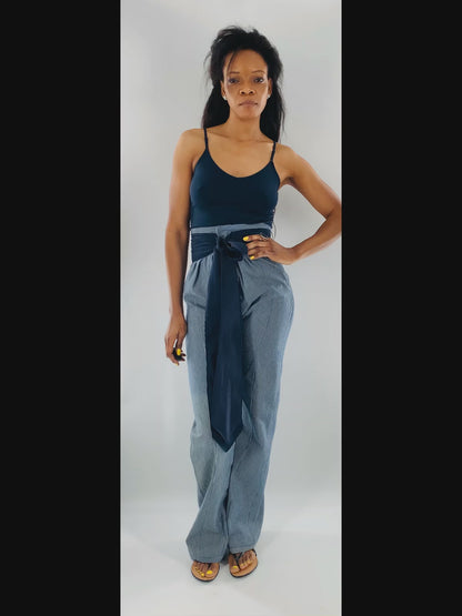 High-Waist Straight Leg  Striped Trousers w/t Wide Linen belt|