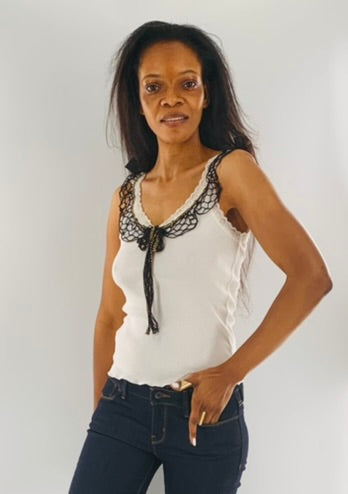 Camisole with Black Lace Neckline & Bow Detail | Cream